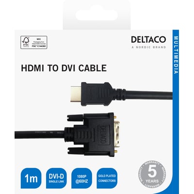 Emballage til Deltaco HDMI til DVI-D single link-kabel, 1 meter og sort, med begge stik vist på forsiden.