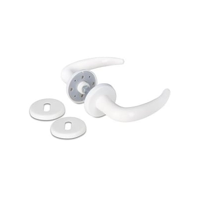 Jasa Company dørgreb Coupé i hvid plast med 19 mm grebsradius og medfølgende rosetter.