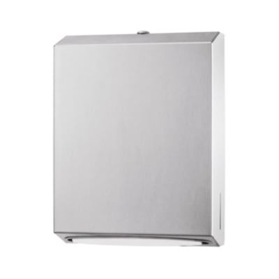 Isa papirdispenser til vægmontering, fremstillet i holdbart rustfrit stål med mål b281 x d103 x h371 mm.