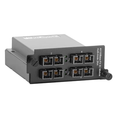 Weidmüller industriel unmanaged switch IE-SWM-SL04-4SCS med fire fiberporte, vist skråt forfra i gråt og sort kabinet.