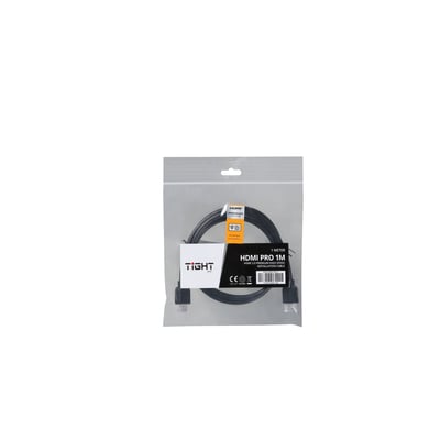 HDMI 2.0 premium high speed installationskabel fra Tight AV, 1 meter, ligger oprullet i gennemsigtig emballage.