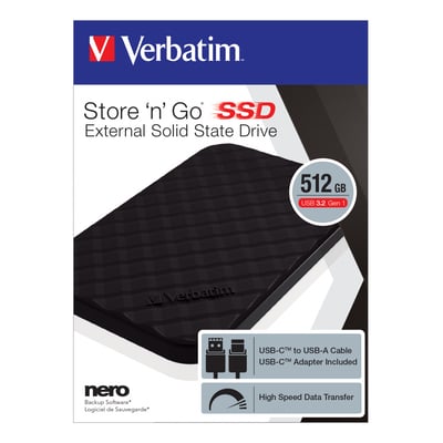 Pakkeemballage til Verbatim Store 'n' Go 512GB SSD med USB 3.2 Gen 1 og USB-C/USB-A tilslutning, sort.