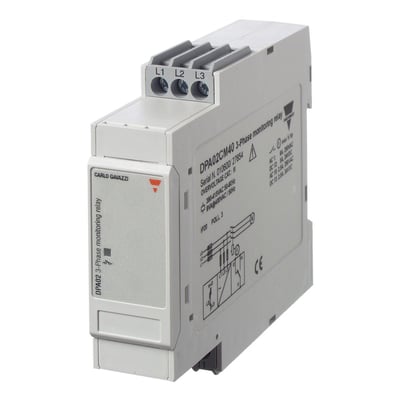 Carlo Gavazzi fasefølge til 208-240 VAC og 22,5 mm DIN-skinne, vist skråt med L1-, L2- og L3-terminaler.