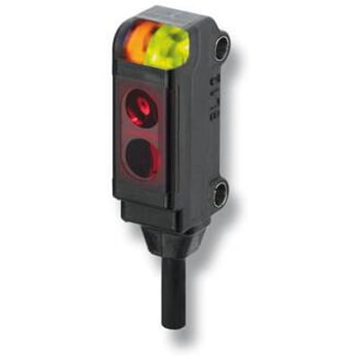 Omron E3T-SL11 fotoelektrisk sensor set fra siden med 2 meter kabel og lysindikatorer.