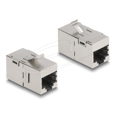 DeLock keystone-modul Cat.6A med RJ45-hun i begge ender, vist fra to vinkler med sølvfarvet hus.