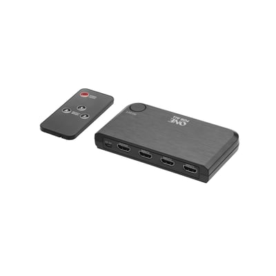 One For All SV 1632 HDMI Switch med tilhørende fjernbetjening placeret ved siden af på hvid baggrund.