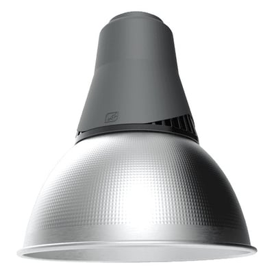 Ansell Lighting Deco HB2 LED pendel i mat grå aluminium med 96W og 11500lm, vist med en reflektor på hvid baggrund.