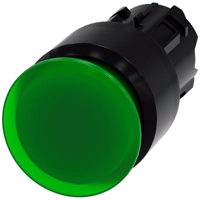 Siemens SIRIUS ACT paddetrykknap, grøn med lys, 22mm monteringsdiameter og 30mm svampediameter i ru plast.