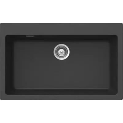 Onyx sort Intra Juvel Granite Primus N100XL køkkenvask set ovenfra med tydeligt afløb i midten af kummen.