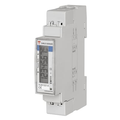 Carlo Gavazzi 1-faset el-måler til direkte måling op til 32 A med Modbus-udgang og MID-godkendelse, set skråt forfra.