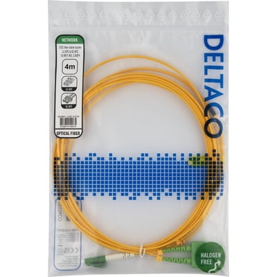 Gult OS2-fiberkabel, 4 meter, oprullet i transparent emballage med LC- og SC-duplexstik.