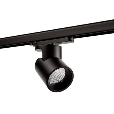 SG Armaturen Aneto spotlight monteret på en sort 3-faset skinne, viser det sorte cylindriske design og LED-lys.