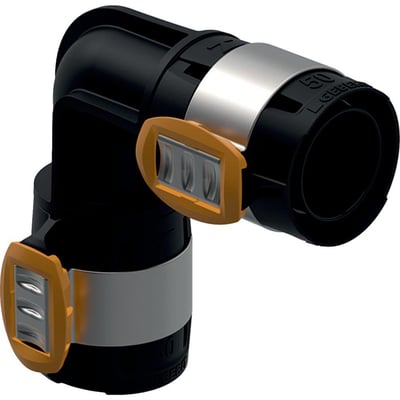 Geberit FlowFit 90° bøjning i sort PPSU med 75 mm diameter og orange klemmer.