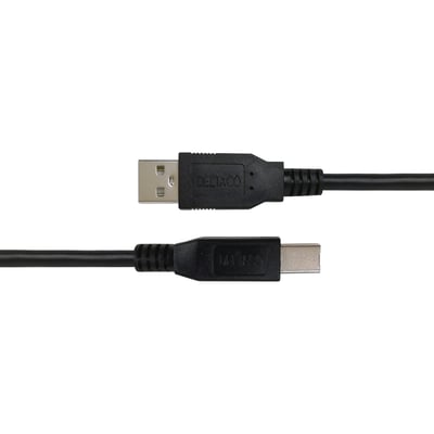 Sort Deltaco USB-B 2.0-kabel til printere, 1 meter, med USB-A- og USB-B-stik vist tæt på.
