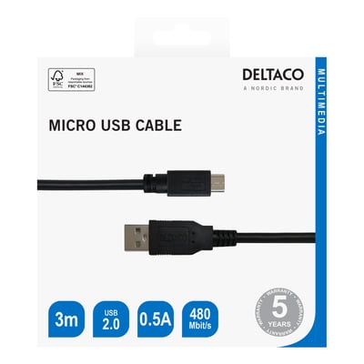 Detailæsken til Deltaco USB 2.0-kabel, sort og 3 meter, viser USB-A- og micro-B-stikkene.