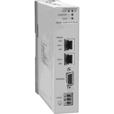 Schneider Electric Profibus remote master med Ethernet Modbus TCP til Profibus DP V1 gateway, viser tilslutningsporte og indikatorlys.