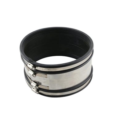 Uni-Seals Hofor kobling til rør mellem 190 og 215 mm, med tre rustfri stålklemmer og sort gummimateriale.