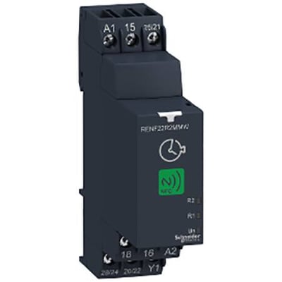 Schneider Electric multifunktionstimer RENF22RQM4W med NFC-teknologi, 2 CO kontakter og 8A belastningsevne.