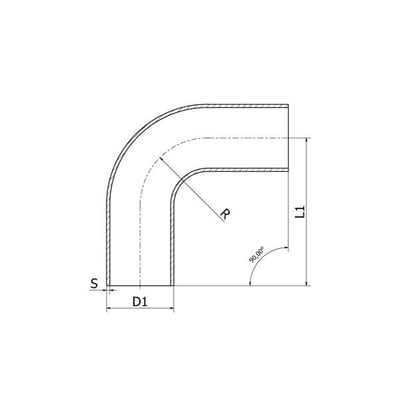Målskitse af 90° bøjning i rustfrit stål 316L med diameter og bukkeradius på 63,5 mm.