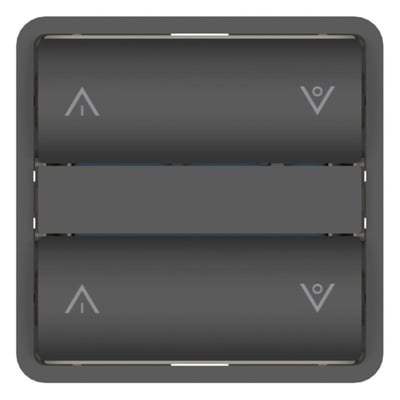 ZigBee trykknap i koksgrå med op- og ned-symboler samt et lysdæmpningssymbol på en ensfarvet grå baggrund.