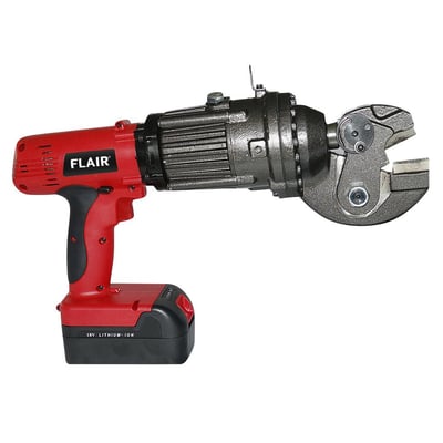 Flair armeringsklipper FL18S i rød og grå med batteri og klippehoved, der kan håndtere 4-18mm materialer.