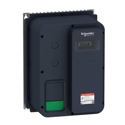 Schneider Electric ATV320 frekvensomformer med IP 66 kapsling, 0,55kW effekt og 3x400VAC, vist fra en skrå vinkel med advarselsskilt.