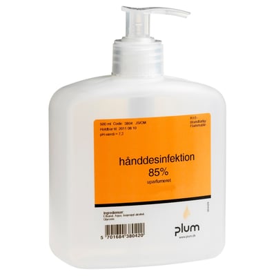 Plum hånddesinfektionsgel 85 % med pumpe i en lys flaske med orange etiket.