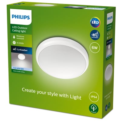 Pakke med Philips Doris LED loftlampe til udendørs brug, hvid med 6W effekt og 4000K lysfarve.