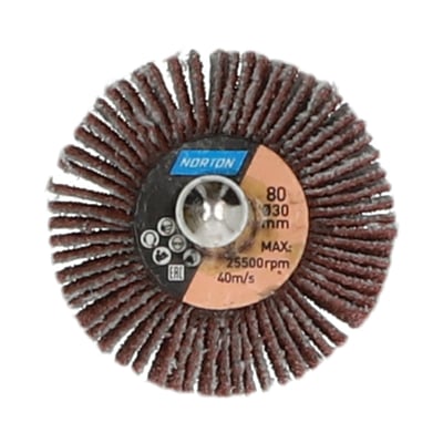 Norton Metal R207PLUS P80 slibevift med brune slibelameller, set forfra; diameteren er 30 mm.