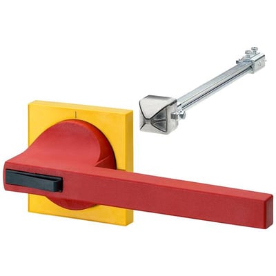 Siemens 8UC7 dørbetjeningsmekanisme med langt rødt håndtag, gul ramme og tilhørende metalaksel, set skråt forfra.