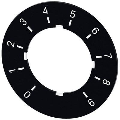 Siemens mærkeplade 3SU1 til potentiometer med hvid tekst 0-9, sort med 40mm diameter, isoleret.