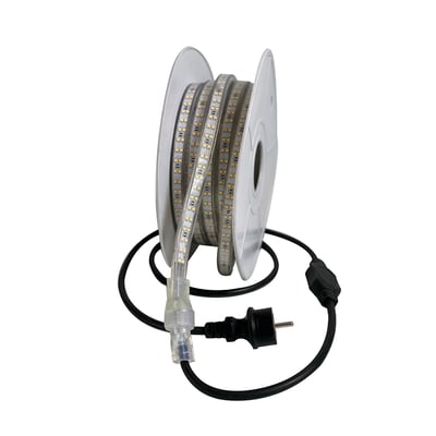 BE Flex-Line LED-strip på 25 meter viklet på en kabeltromle med et 230V stik og klar beskyttelseskappe.