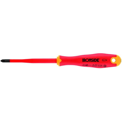 Ironside Slim VDE-skruetrækker PZ2 med 100 mm klinge og rødt skaft med gule detaljer, set fra siden.
