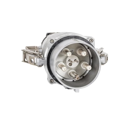 Robust CEE stik med 250A, 6h, IP67 og 3P+N+PE, vist med stikkets 5 poler på en hvid baggrund.