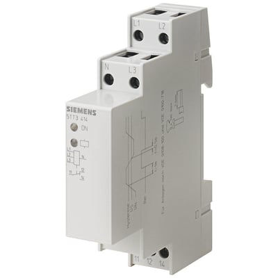 Siemens spændingsrelæ 5TT3 414, hvidt med terminaler mærket L1, L2, L3 og N, med statusindikatorer og kredsløbsdiagram.