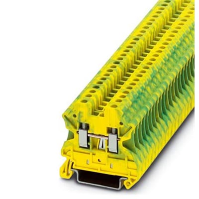 Nærbillede af Phoenix Contact UT 2,5-PE jordklemme, der viser detaljerne af skruetilslutningerne og den grøn/gule farve.