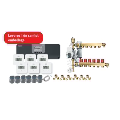 Detaljeret visning af Roth shunt og fordeler til gulvvarme, med synlige koblinger og rørsystem i messing og hvid.