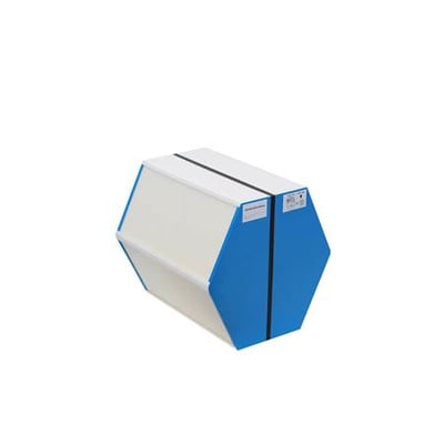 Dantherm entalpiveksler til RCV320 med SWOP-løsning, vist fra siden med blå og hvide paneler.