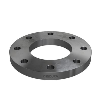 Indura stålflange med synligt logo, 114,3 mm diameter, 8 bolthuller og PN10/16 trykklasse, præsenteret på hvid baggrund.
