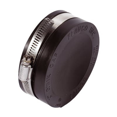 Lauridsen gummi endemuffe med spændebånd til rør 105-114 mm, fremstillet af sort gummi.