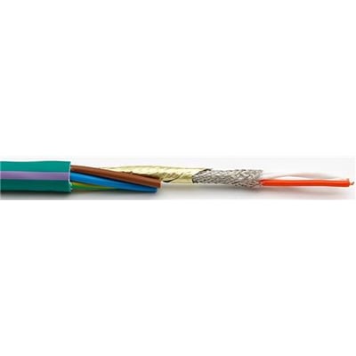 Texiline Canbus hybridkabel 1x2x0,75mm²+0,75mm² med indre kobberledere og beskyttende skærmning på hvid baggrund.