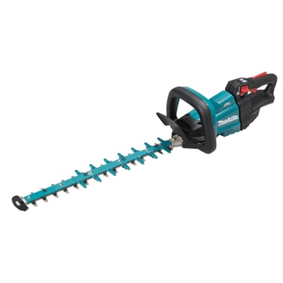 Nærbillede af Makita 18V hækkeklipper fra siden, der viser det præcisionsskårne 500 mm sværd og gummiisolerede håndtag.