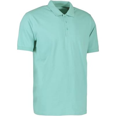 ID Identity økologisk poloshirt i støvet aqua, str. 2XL, vist forfra med 3-knaps stolpelukning i blød piquékvalitet.