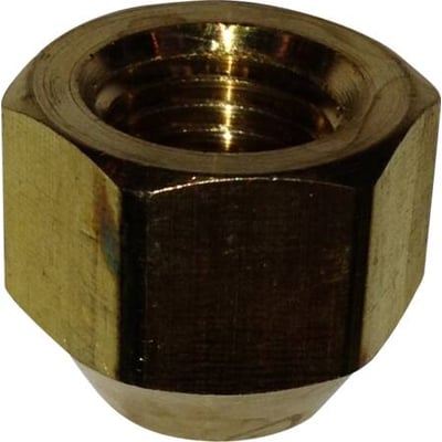 Signature Industries Sanha kravemøtrik i messing, 5/8" størrelse med synligt gevind og sekskantet hoved til rørinstallationer.