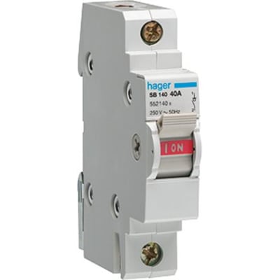Hager 3-polet afbryder SB 140 40A med grøn/rød betjeningsgreb, mærket "ON" og 250V~50Hz.