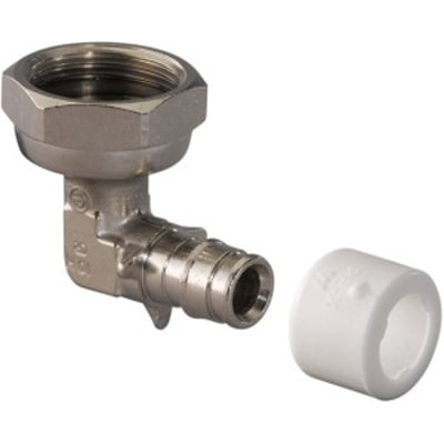 Uponor Q&E DR overgangsvinkel på 90° med omløber og Q&E-kobling, vist skråt med den hvide Q&E-ring ved siden af.