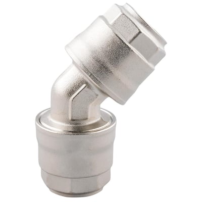 Metal 45° vinkel fitting til 25 mm rør, fremstillet af holdbart messing med en glat, poleret overflade.