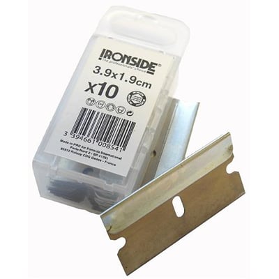 Ironside-reserveklinger til glasskraber på 39 mm i en gennemsigtig plastæske med sølvfarvede klinger ved siden af.