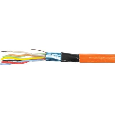 Brandsikkert signalkabel 4X2X0,8 mm med 8 ledere, vist med den orange, halogenfri yderkappe og indre komponenter.