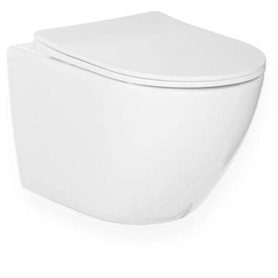 Hvid, væghængt Rimfree toiletkumme med lukket cisternedesign og integreret toiletsæde med Soft Close funktion.